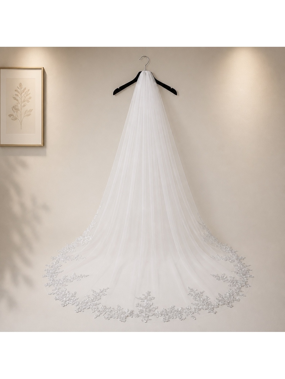 Elegant Long Candlelight  Bridal /wedding Veil with Floral Lace Edge
